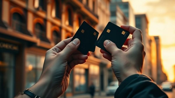 Travel on a budget concept with credit cards and city street.