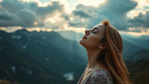 Serene woman achieving inner peace 2025 on a mountain.