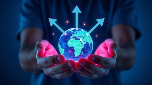 Futuristic business growth concept with digital globe and arrows, travel news.