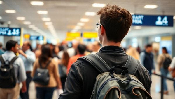 Young traveler learning how to avoid offloading at airport queue.