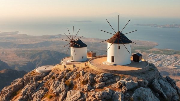 Iconic windmills on a hill, symbolizing family travel trends 2026, clear sky in the background.