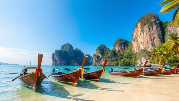 Thailand Tours from Australia: Long-tail boats at tropical Thai beach