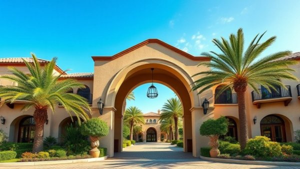 Luxurious resort entrance under clear blue sky, travel on a budget in Europe.