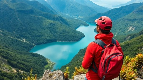 Backpacker enjoys scenic lake view for travel on budget.