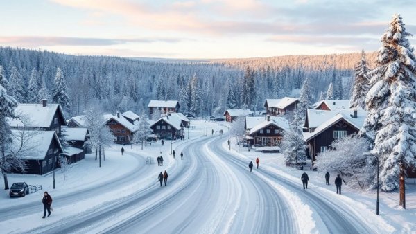 Winter scene in Finland with snow-covered village, perfect for travel smart in Finland winter.