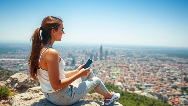 Young traveler enjoying city view, symbolizes budget travel Europe.
