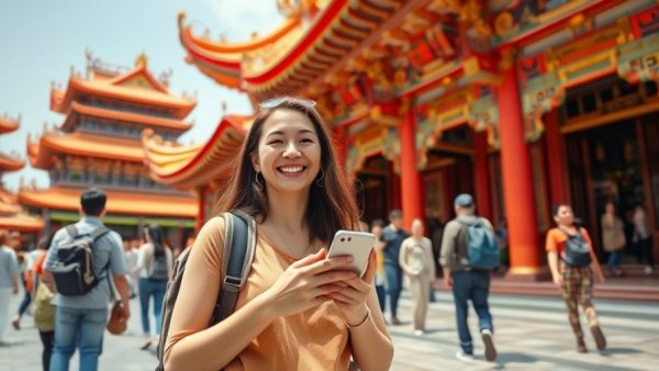 Cheerful traveler exploring Asian temple, budget travel across Asia