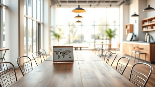 Spacious cafe interior with travel sign, promoting traveling cheaply.