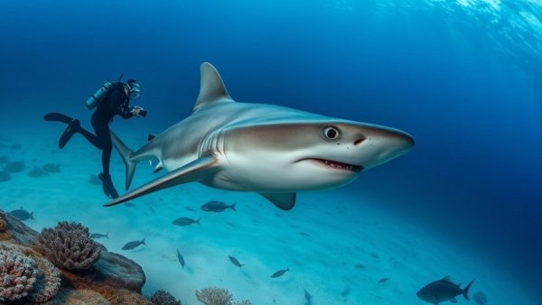 Unforgettable ocean encounter with hammerhead shark and scuba diver.