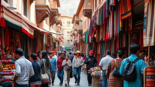 Bustling Cusco marketplace with colorful street vendors; travel on budget Cusco.