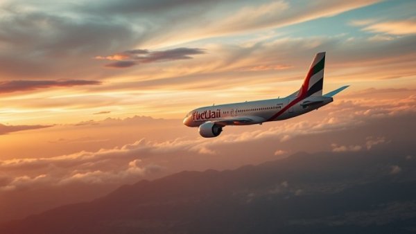 Flydubai airplane soaring over mountains at sunset, travel news image.