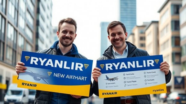 Ryanair adds sixth aircraft announcement with signs in cityscape setting.