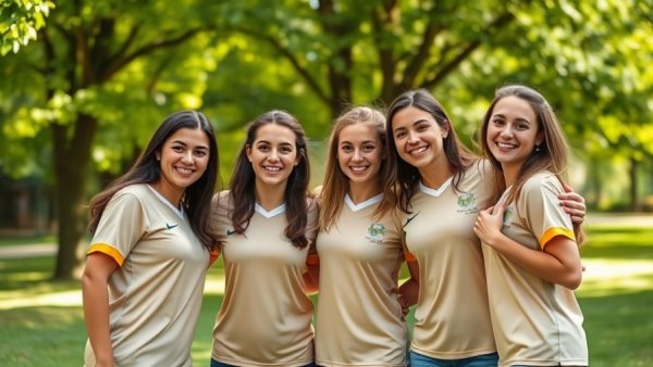 Four young women smiling in blue jerseys in a sunny park.