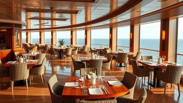 Luxurious cruise ship dining area with ocean view.