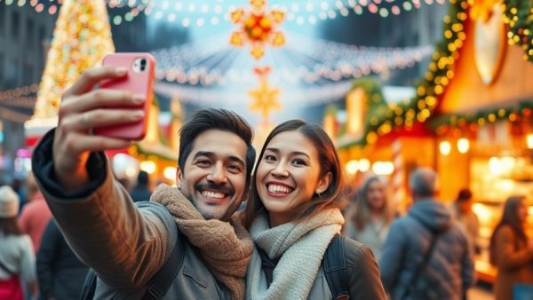 Joyful couple at festive Christmas market with lights, meaningful Christmas traditions.