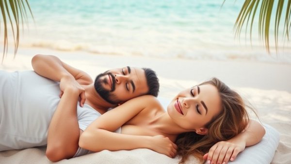 Tropical couple relaxing on white sand, Maldives romantic getaways.