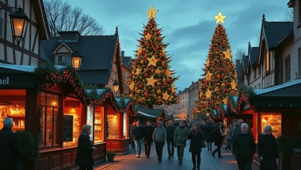 Charming holiday market with festive lights and Christmas tree.