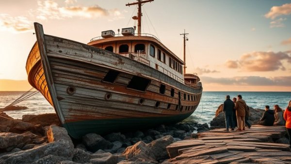 Family admiring shipwreck at sunset in Cyprus