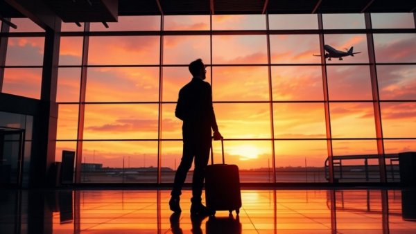Travel agents in Armenia: Traveler silhouette watching plane at sunset.