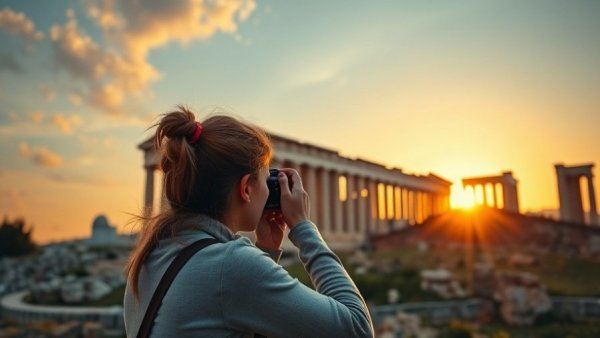 Woman capturing Parthenon at sunset, ideal for online multi-day tours.