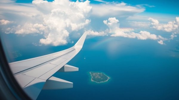Airplane wing over sea with rainbow, hassle-free refunds for travel.