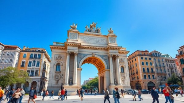 Lisbon's iconic triumphal arch under blue sky with pedestrians.