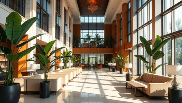 Elegant hotel lobby showcasing modern architecture and cozy seating area.