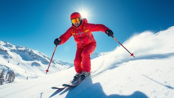 Energetic skier descends snowy slope at best value ski resort.