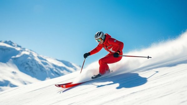 Skier in red suit on a slope, Italian family ski resorts.