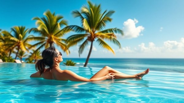 Tropical seaside pool vacation destination with ocean view.