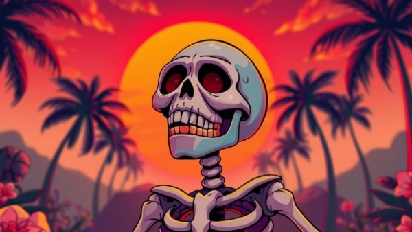 Colorful skeleton character with mushrooms in a vibrant sunset setting.
