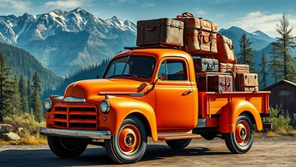 Vintage orange truck with luggage, Unclaimed Baggage Alabama mural backdrop.