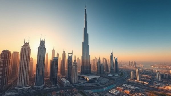 Dubai skyline featuring the Burj Khalifa at sunset, first time visiting Dubai.