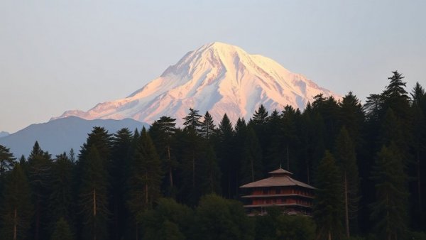 Stunning view of Mount Manaslu at dawn with forest and traditional architecture, Manaslu Circuit Trek for Family Explorers.