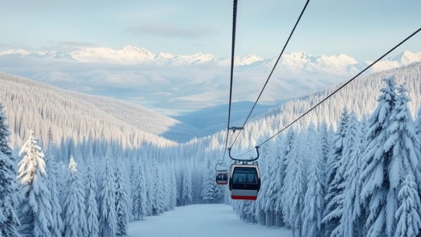 Snowy mountains with ski lift at sustainable ski resort.