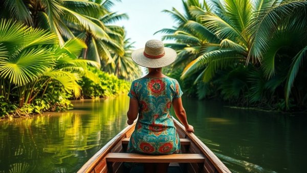 Woman rowing through lush canals with palm trees, experience-led destination