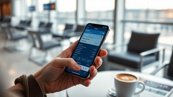 Person using United Airlines mobile app in airport lounge.