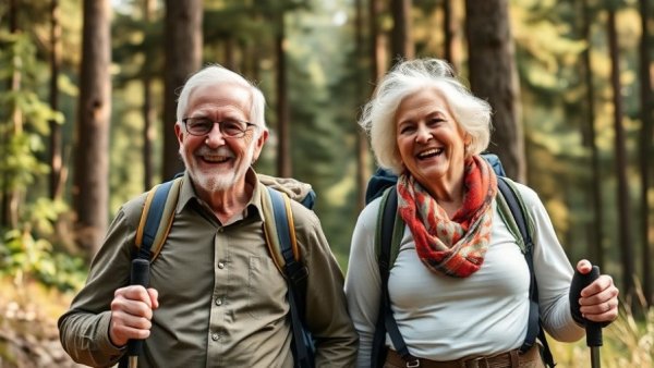 Elderly couple enjoying adventure travel in a forest