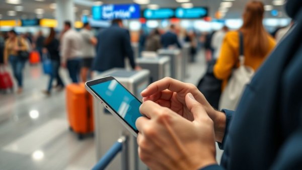 Social media travel risks depicted by smartphone use at airport.