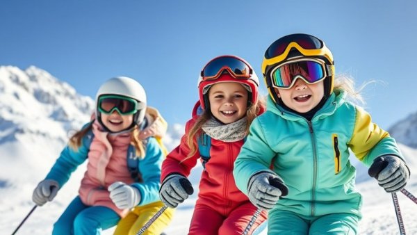 Children skiing on a sunny mountain during family ski holidays February half term.