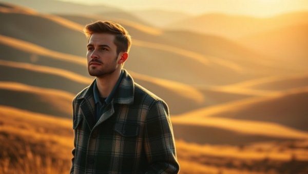 Young man in plaid coat, golden hills backdrop, Indonesia tourism strategy 2025.
