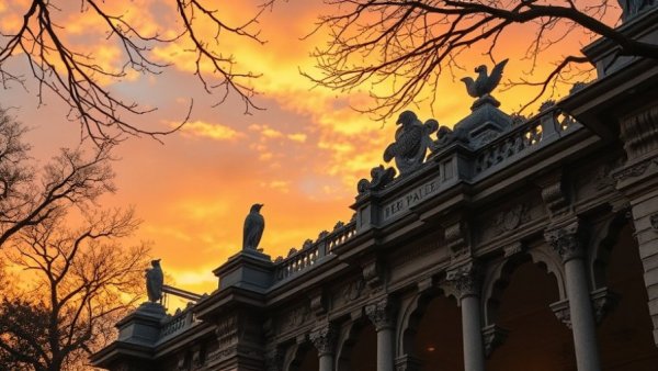 Istanbul Bird Palaces at sunset with architectural detail and branches.