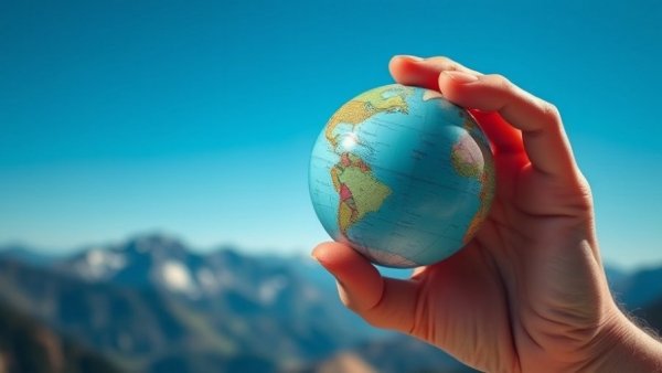 Hand holding small globe with mountains, symbolizing travel.