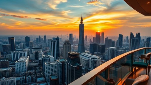 Bangkok skyline view from luxury hotel balcony at sunset.
