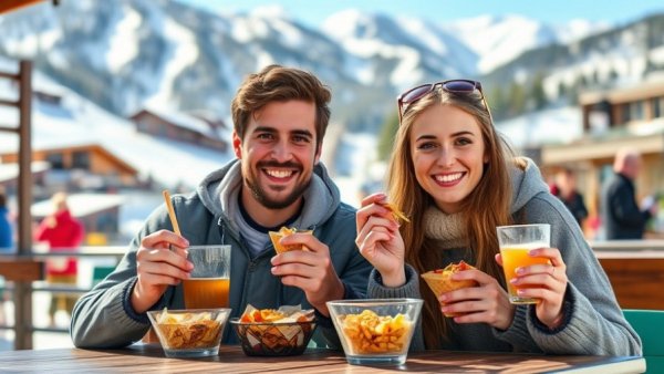 Casual dining at Colorado mountain ski resort, sunny winter day