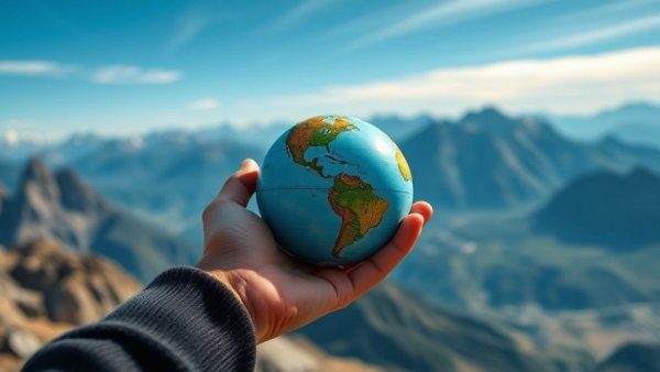 Hand holding small globe against mountainous backdrop showcasing 2025 travel trends.