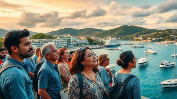 Group observing a coastal port sunset; how to pick a travel destination.