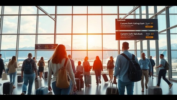 Travelers deciding on customs entry at airport, how to pick a travel destination.
