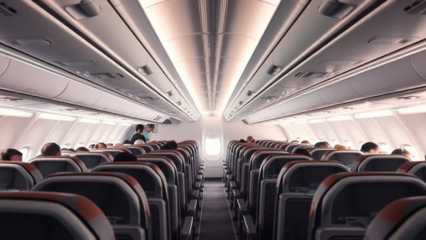 Empty economy class airplane cabin, spacious seats for travelling cheaply