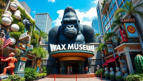 Engaging Wax Museum with cityscape and gorilla, a fun attraction for kids.